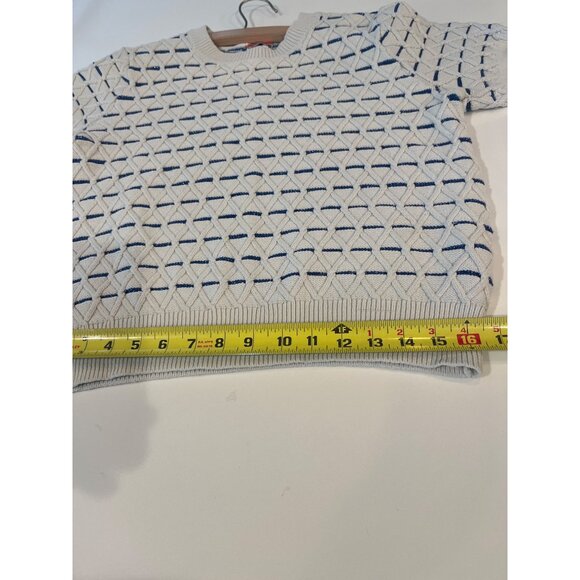 Kate Spade Womens Short Sleeve Knit Sweater Blue & Cream Geometric Pattern Cotto - Picture 7 of 10